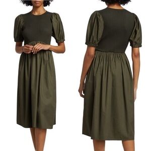En Saison Shelburne Mixed Media Midi Dress Olive Puff Sleeve Knit Bodice